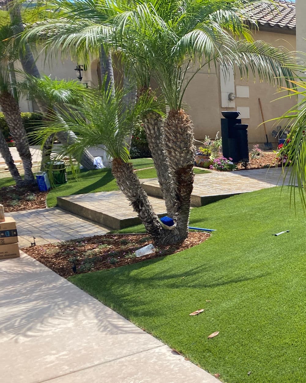 Lush backyard landscaping featuring palm trees, artificial grass, and decorative plants.